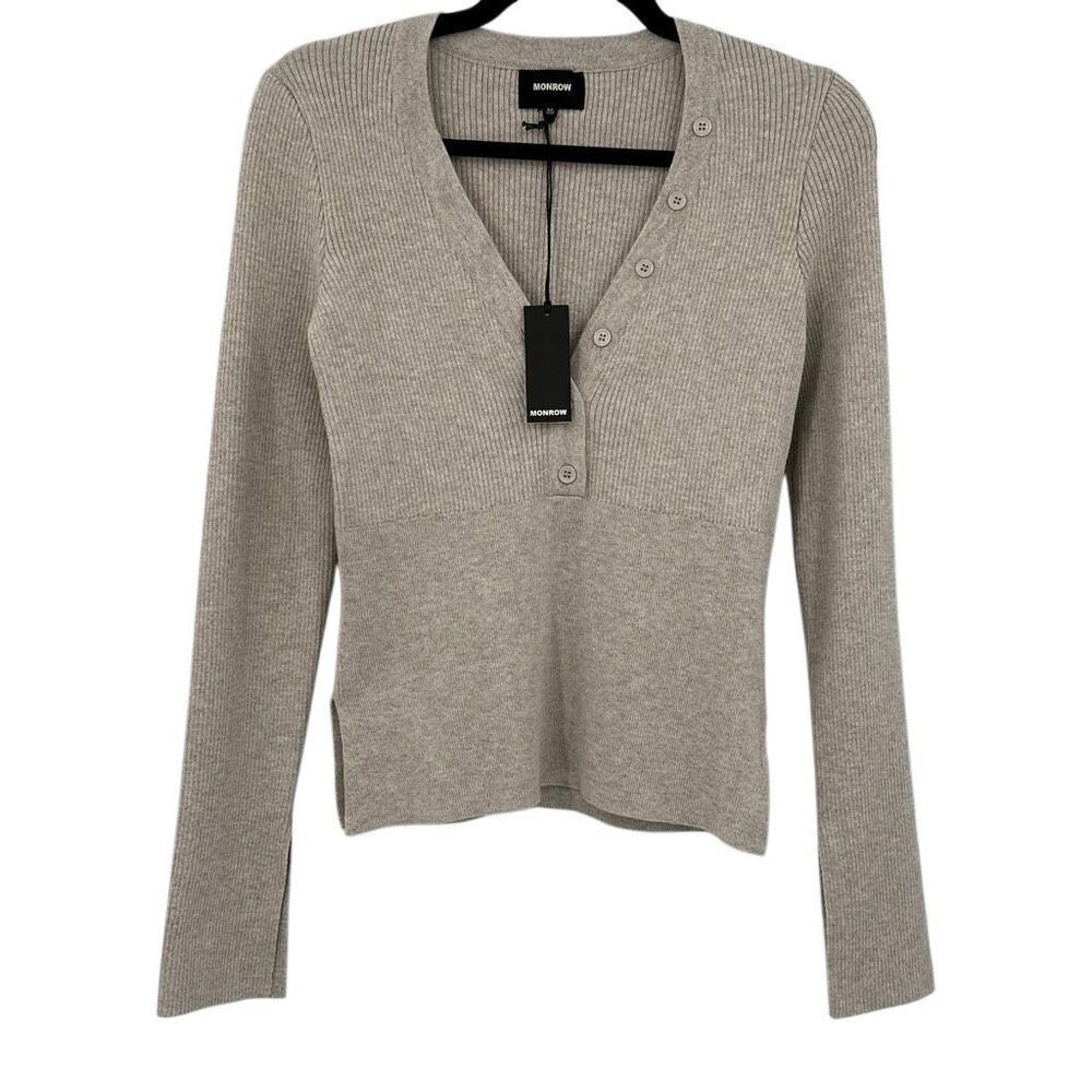 NWT Monrow Taupe Long Sleeve Ribbed Side Slit Henley Sweater Size Medium